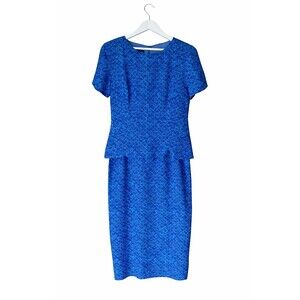 Spense Jeremy 100% Silk Dress Blue Geometric Print Size 12 Sheath Short Sleeve